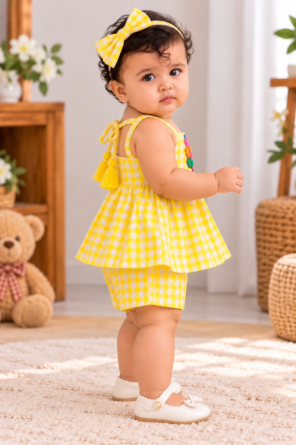 Mark Haydon baby girl yellow and white gingham check top and shorts set – side view