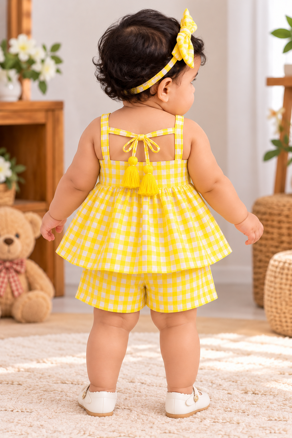 Mark Haydon baby girl yellow and white gingham check top and shorts set – back view with tassel tie