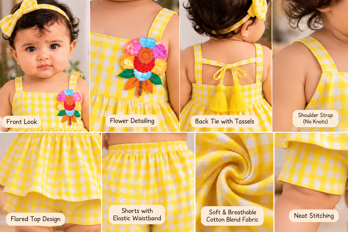 Mark Haydon baby girl yellow and white gingham check top and shorts set – flower detail, elastic waist and fabric close-ups