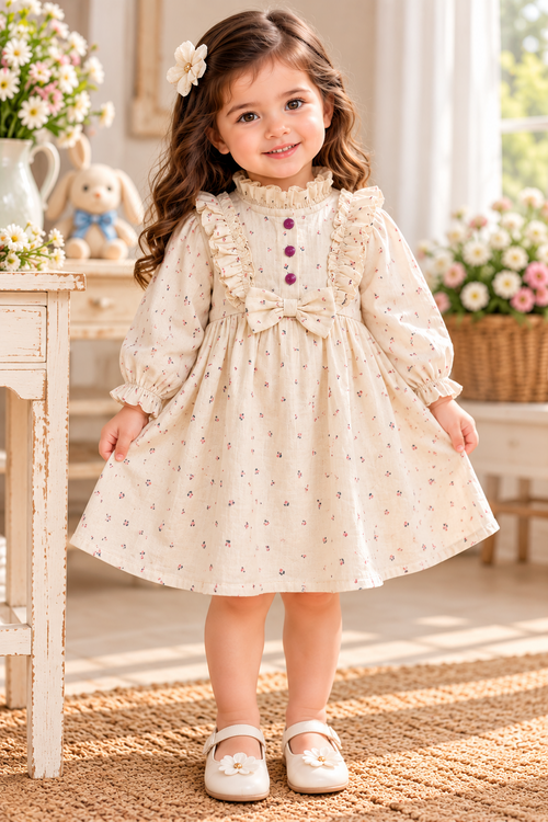 Mark Haydon baby girl cream floral cotton bow dress – front