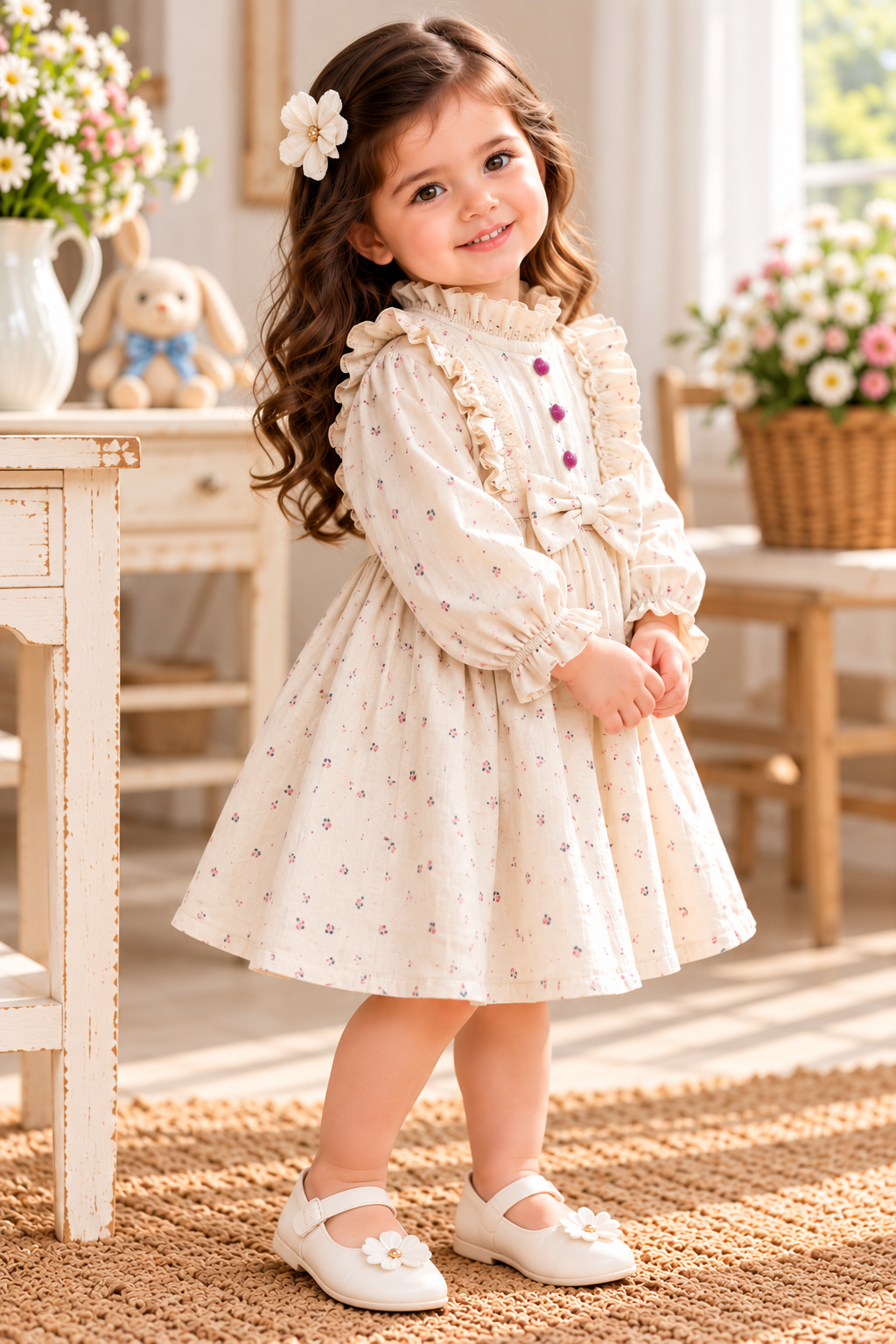 Mark Haydon baby girl cream floral cotton bow dress – angled view
