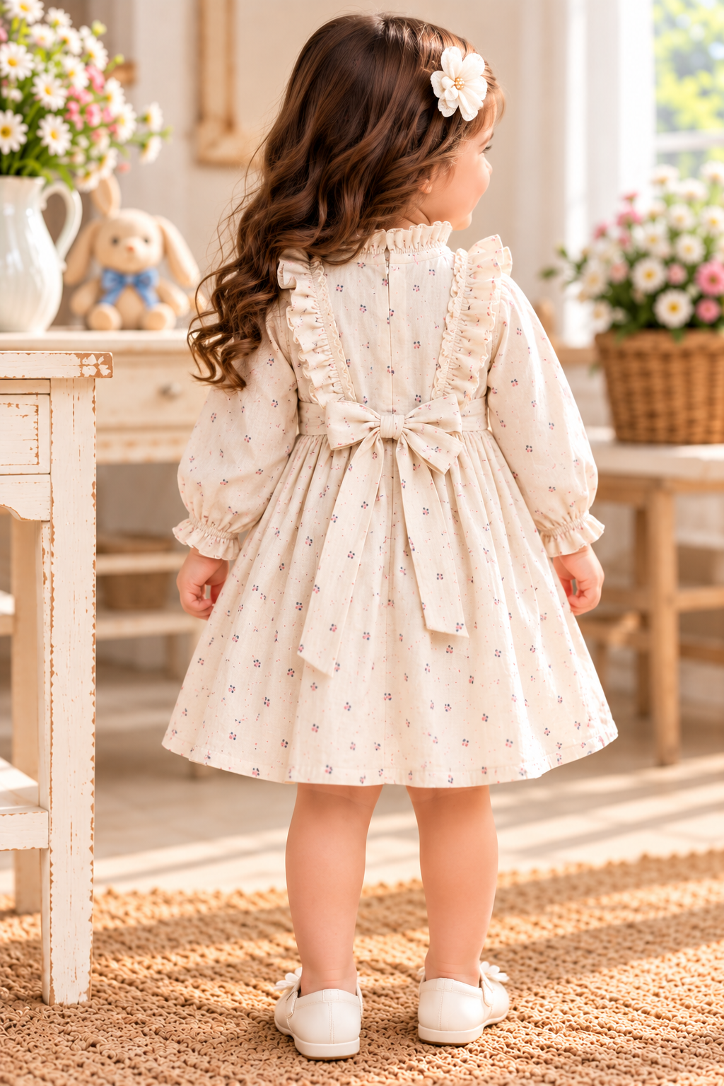 Mark Haydon baby girl cream floral cotton bow dress – back