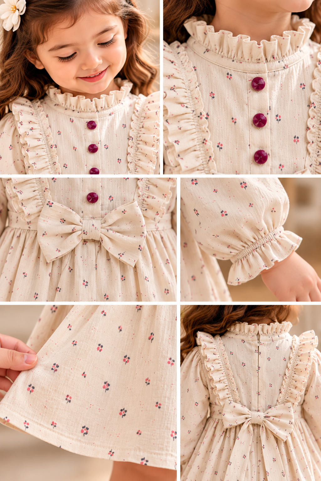 Mark Haydon baby girl cream floral cotton bow dress – ruffle and bow details