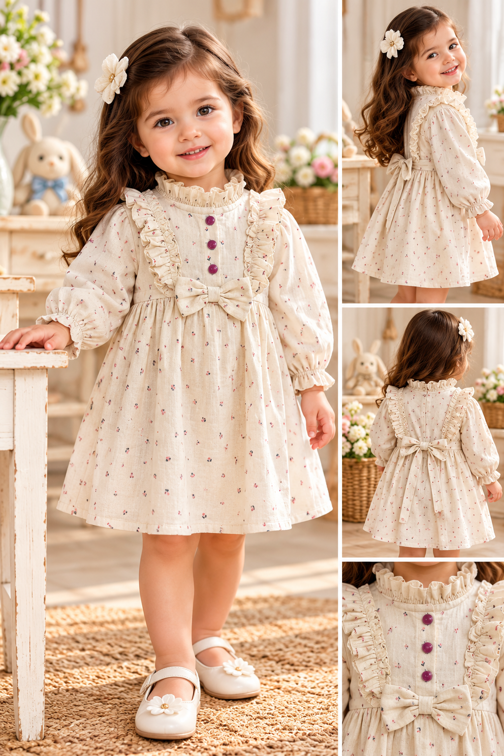 Mark Haydon baby girl cream floral cotton bow dress – multiple views
