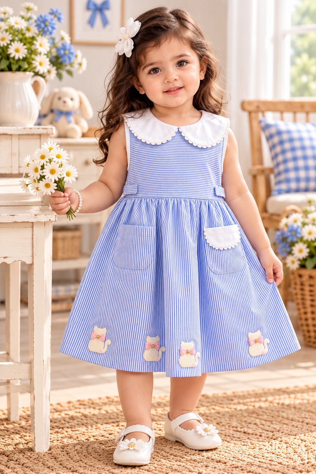 Mark Haydon girls blue and white striped pure cotton cat applique dress – front view