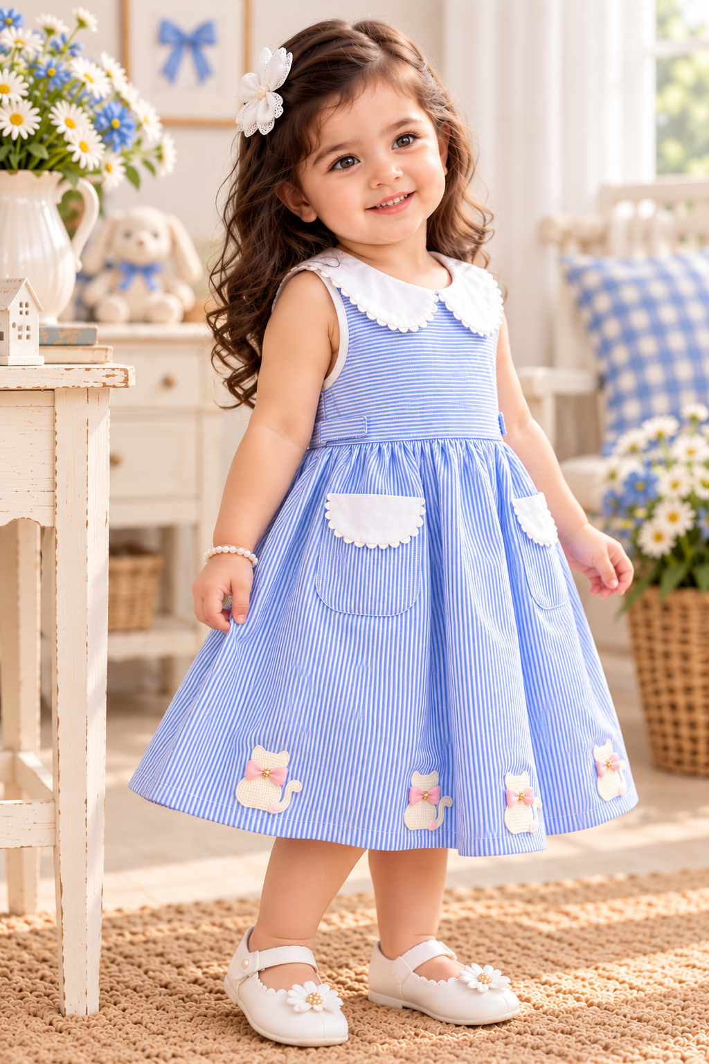 Mark Haydon girls blue and white striped pure cotton cat applique dress – angled view