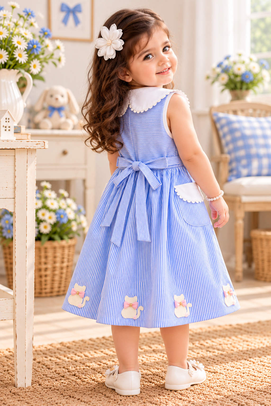 Mark Haydon girls blue and white striped pure cotton cat applique dress – back view with waist tie