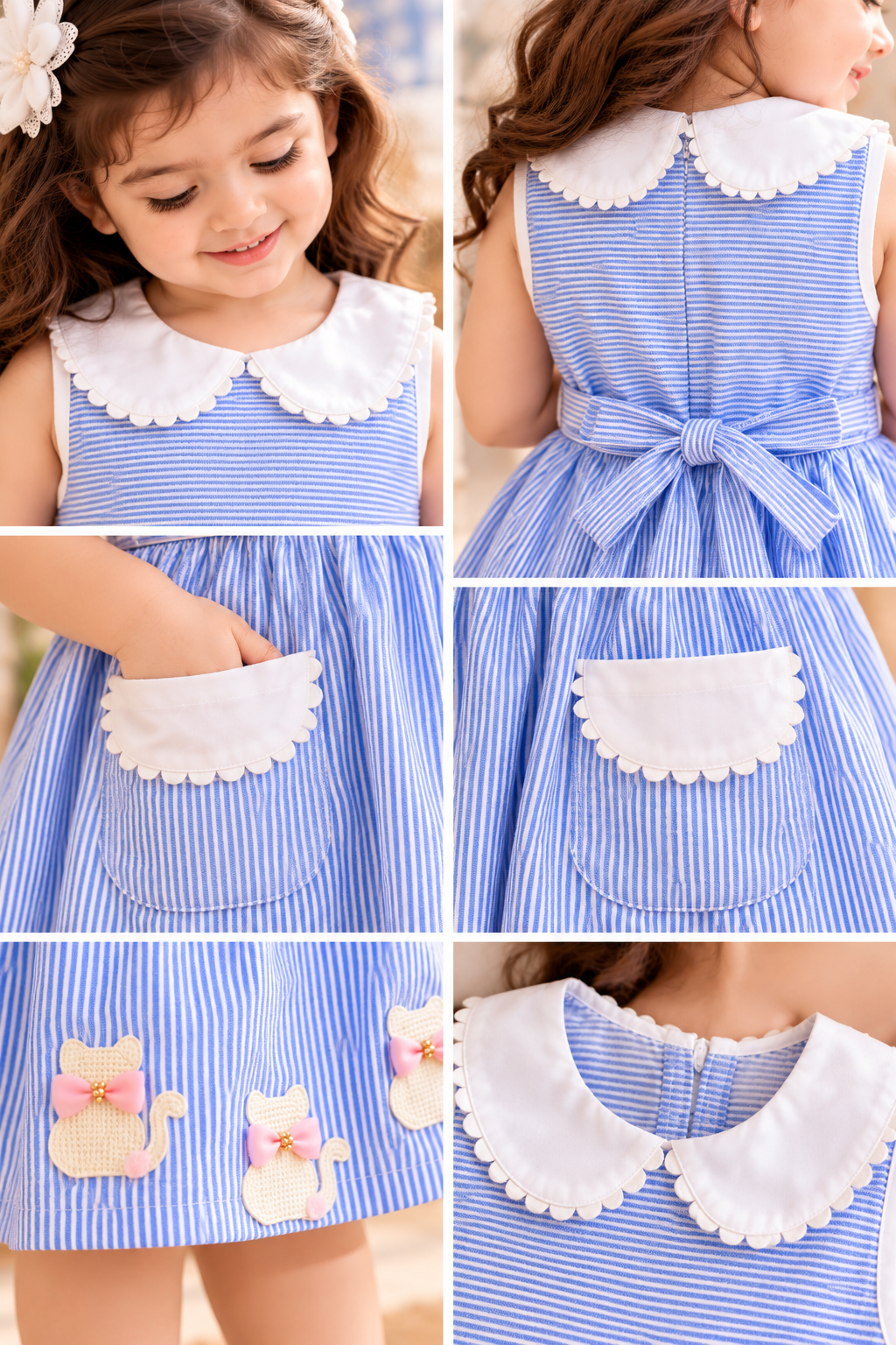 Mark Haydon girls blue and white striped pure cotton cat applique dress – collar, pockets and cat applique details