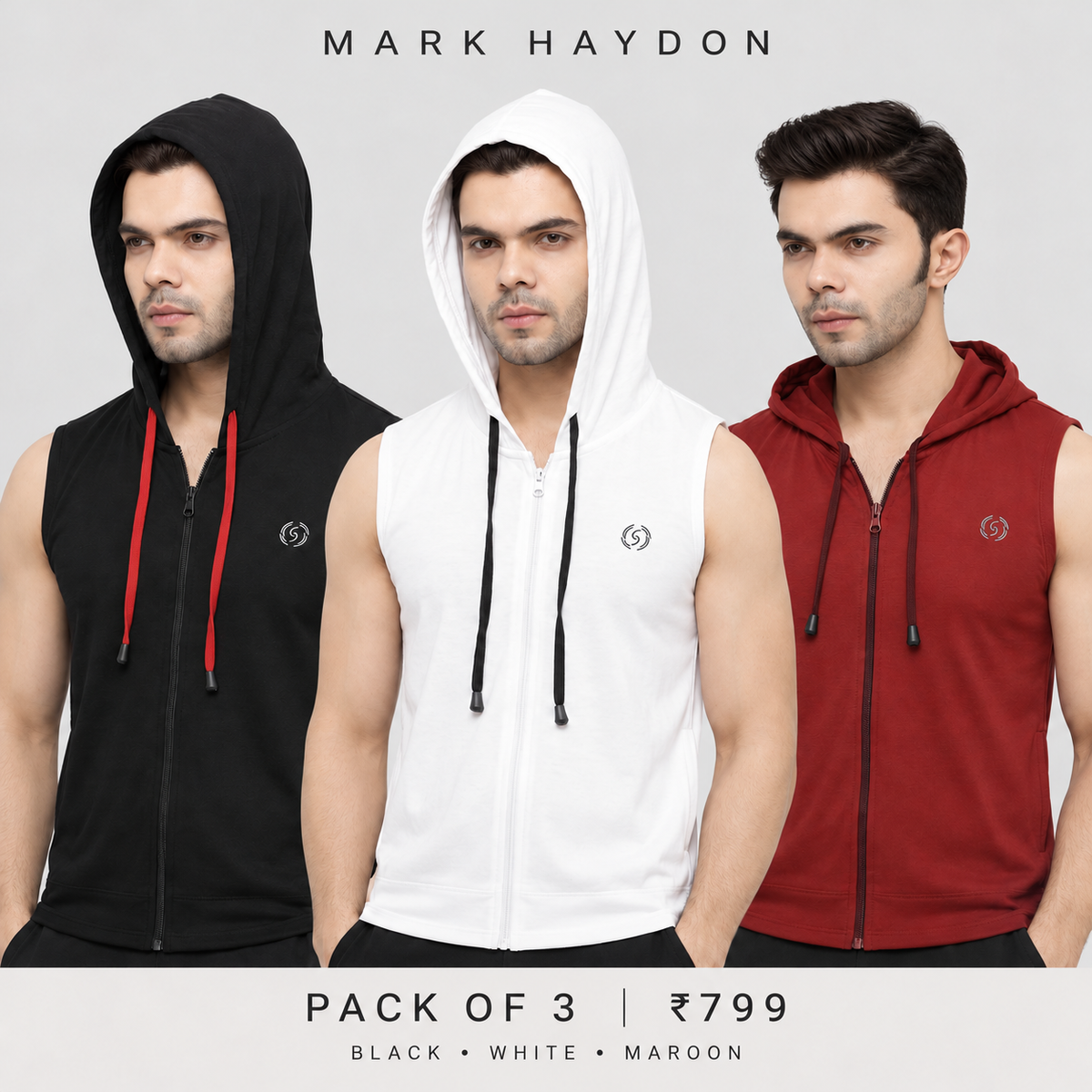 MARK HAYDON men's sleeveless zip hoodie pack of three in black, white and maroon, ₹799