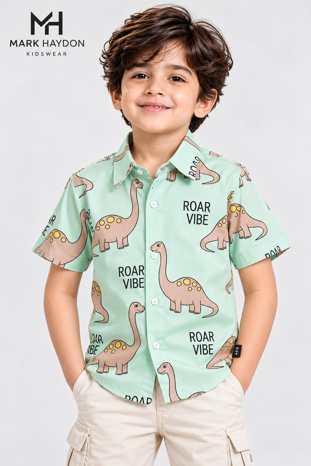 Mark Haydon kids mint green dinosaur shirt front view