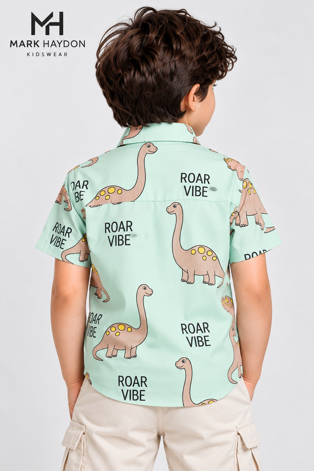 Mark Haydon kids mint green dinosaur shirt back view