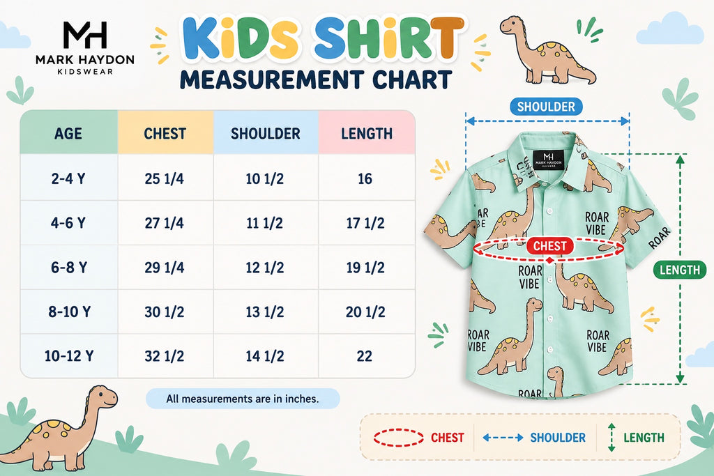 Mark Haydon kids dinosaur shirt size chart