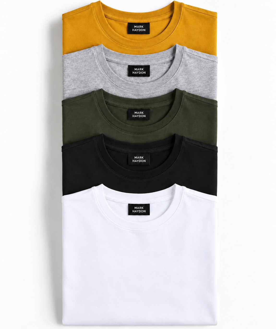 MARK HAYDON pack of five T-shirts in mustard, grey, olive green, black and white