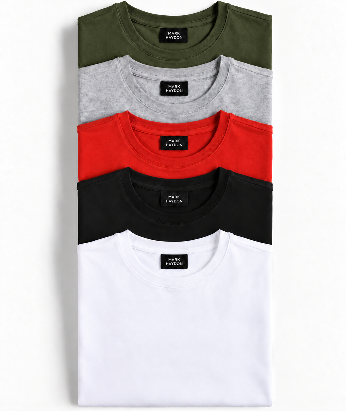 MARK HAYDON five T-shirts in olive green, grey, tomato red, black and white