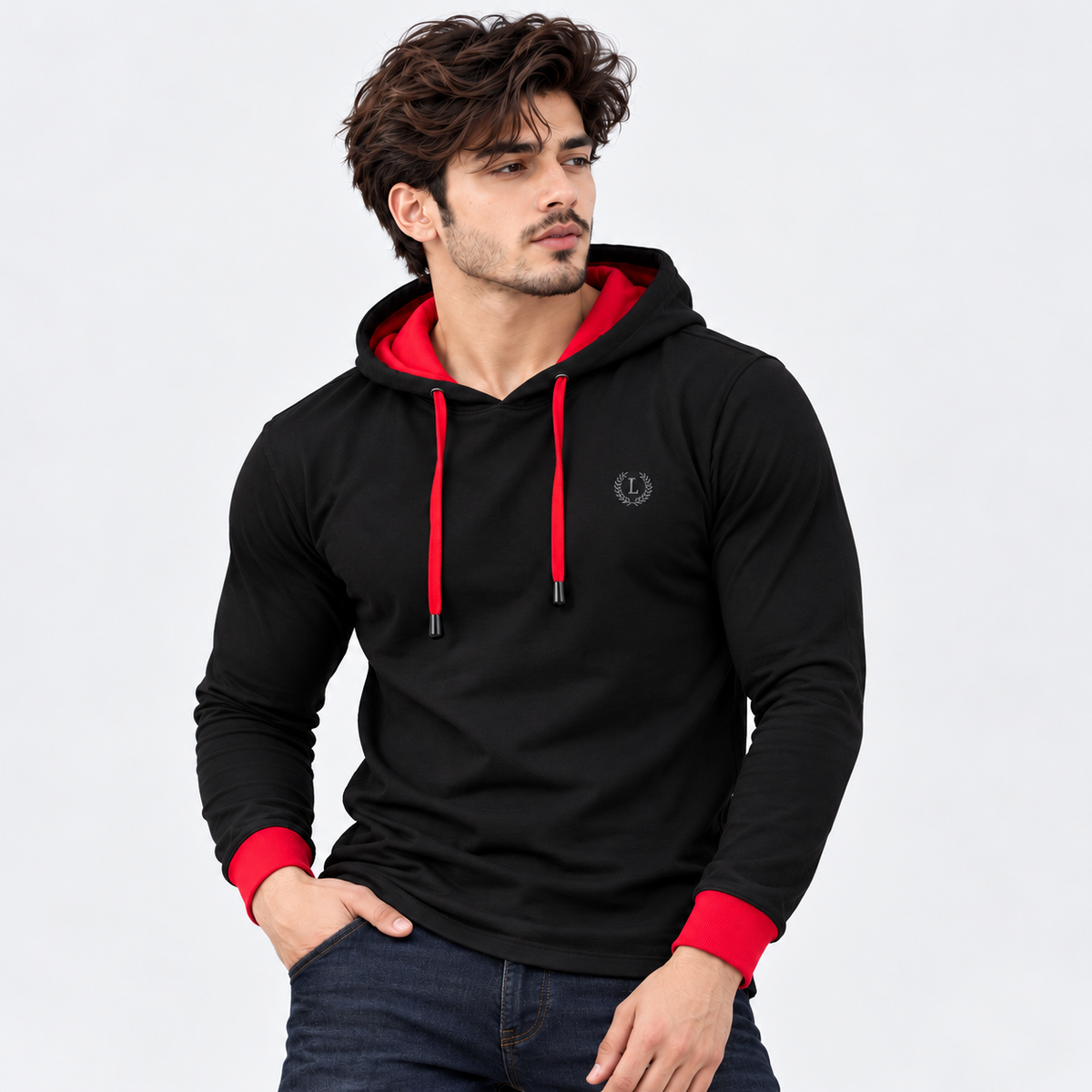 Men's Hooded Neck T-Shirt Black with Red Trim – new model hero photo