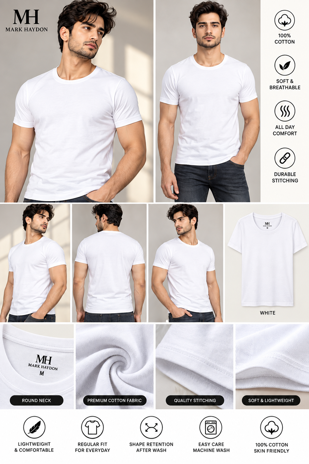 Mark Haydon Men's Round Neck Half Sleeve T-Shirt White - model views and product details