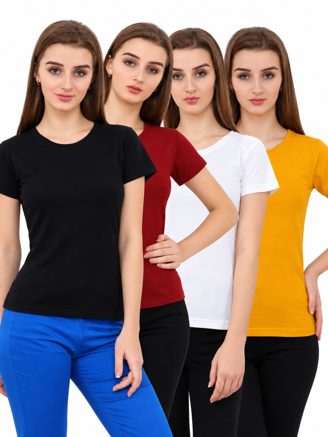 Women modelling plain short sleeve round neck T-shirts in black, maroon, white and mustard yellow