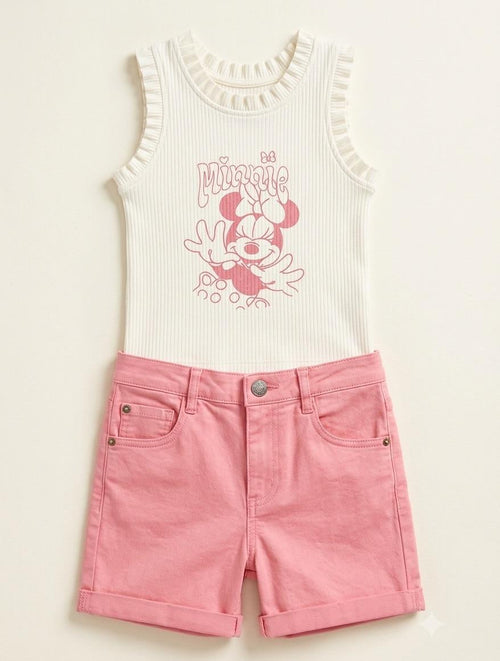 Girls Ribbed Tank Top with Denim Shorts Set