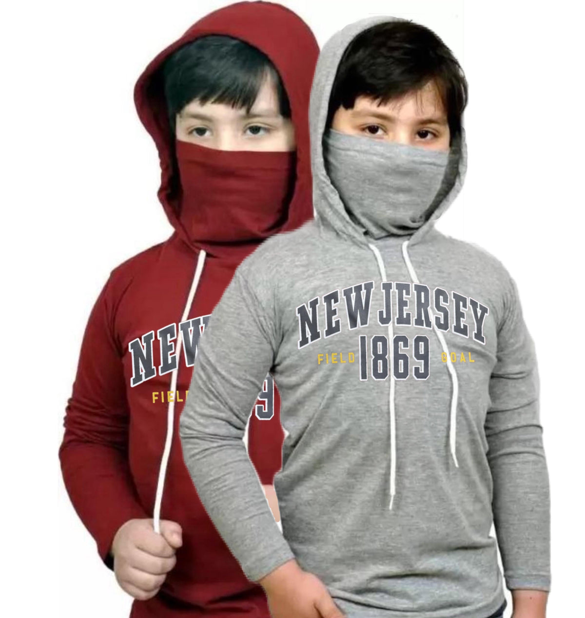 Kids Cotton Mask Hoodie — Maroon & Grey, Pack of 2