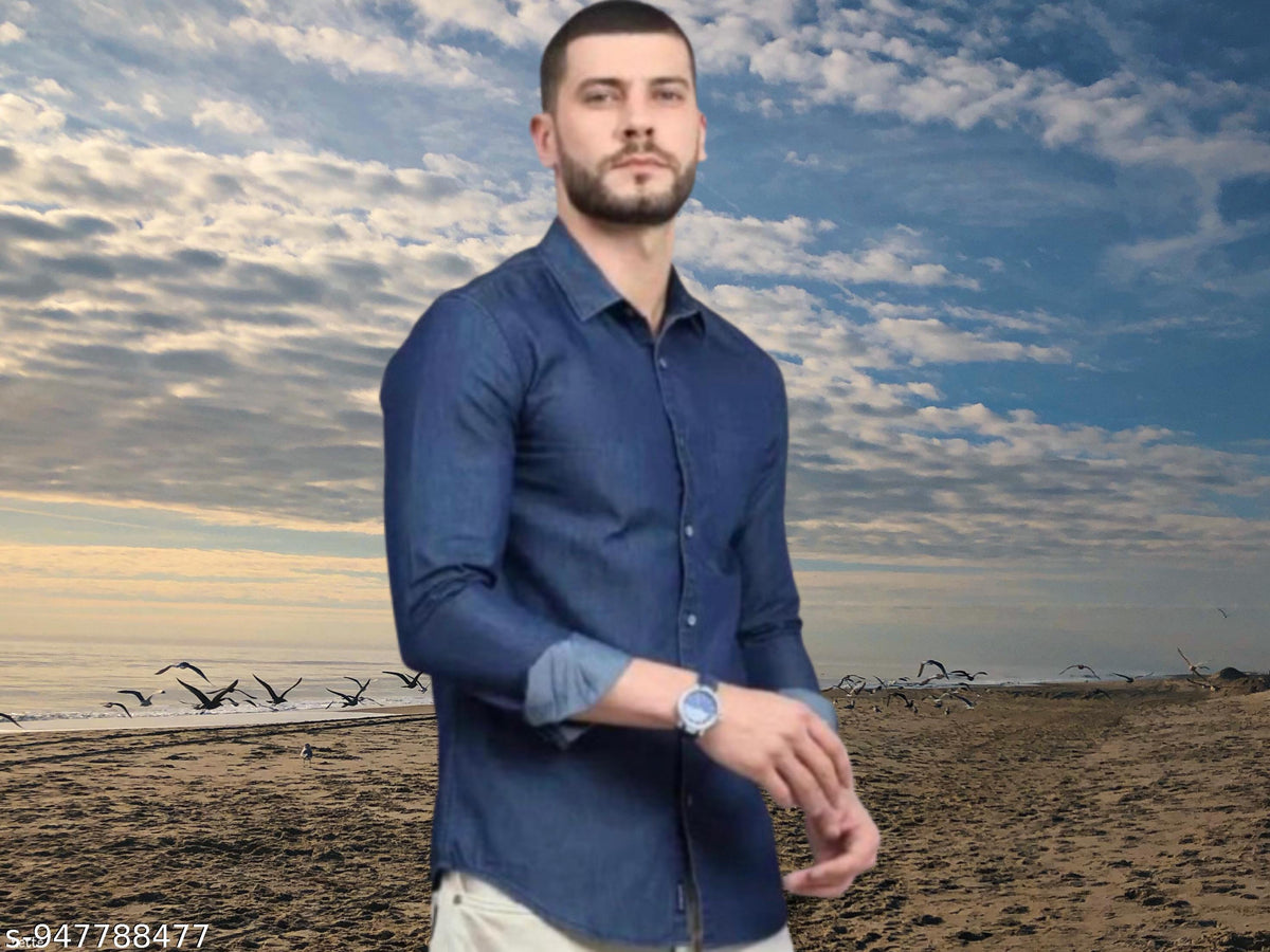 Men's Cotton Blend Denim Shirt — Dark Blue