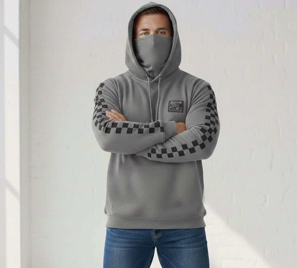 Men's Checkered Print Mask Hoodie — Navy Blue