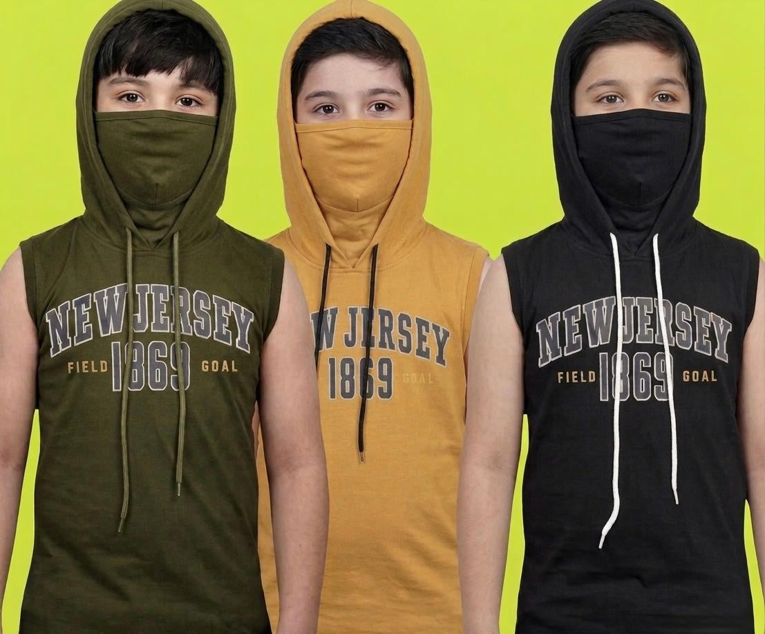 Kids Sleeveless Sun Protection Mask Hoodie — Yellow, Black & Olive