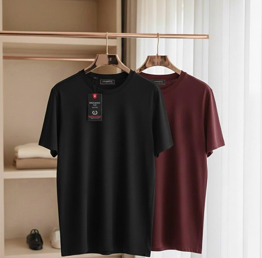 Men's Cotton Round Neck T-Shirt — Pack of 2, Black & Maroon
