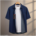 Men's Half Sleeve Denim Shirt with Double Pocket — Dark Blue