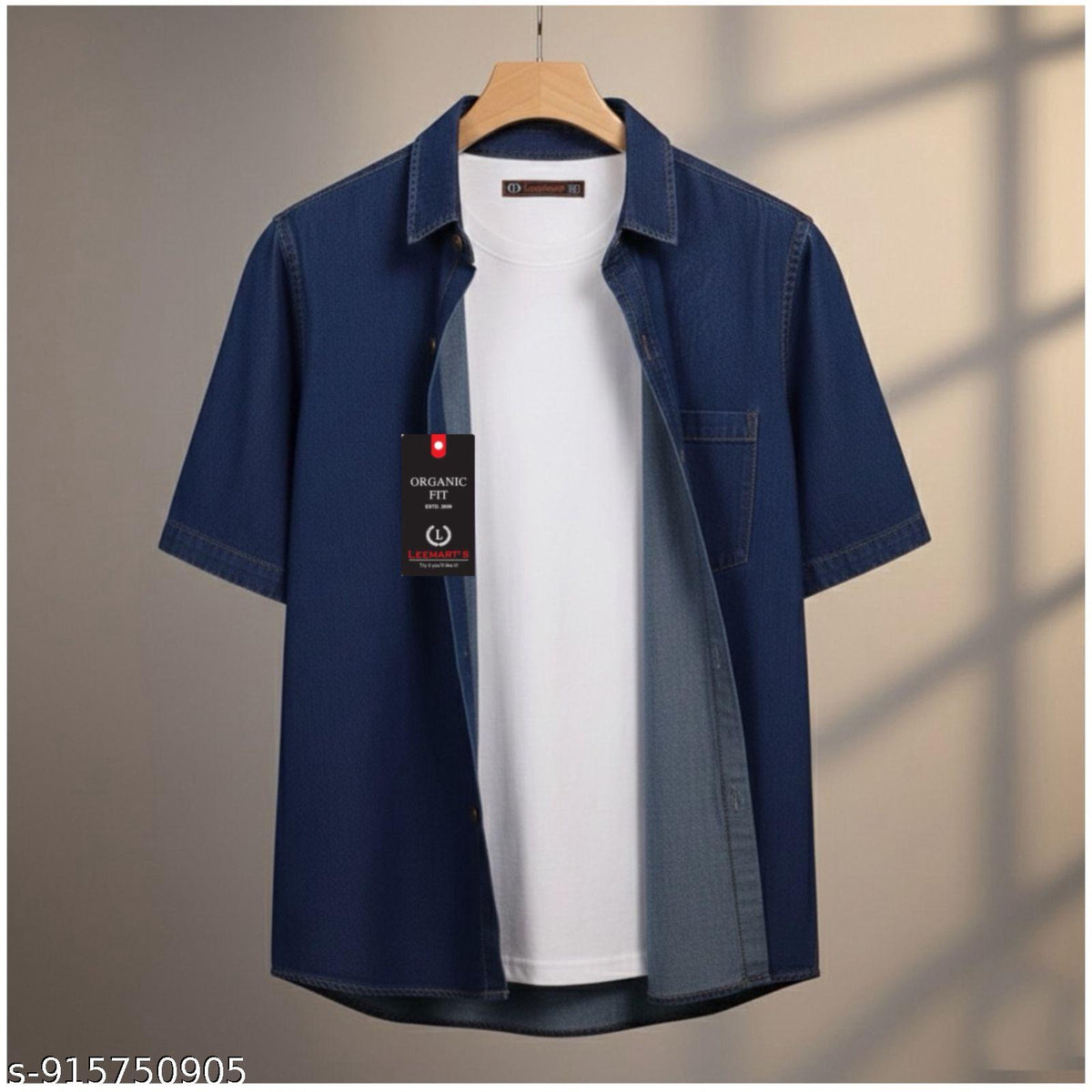 Men's Half Sleeve Denim Shirt with Double Pocket — Dark Blue