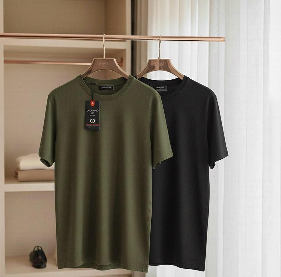 Men's Cotton Round Neck T-Shirt — Pack of 2, Olive & Black