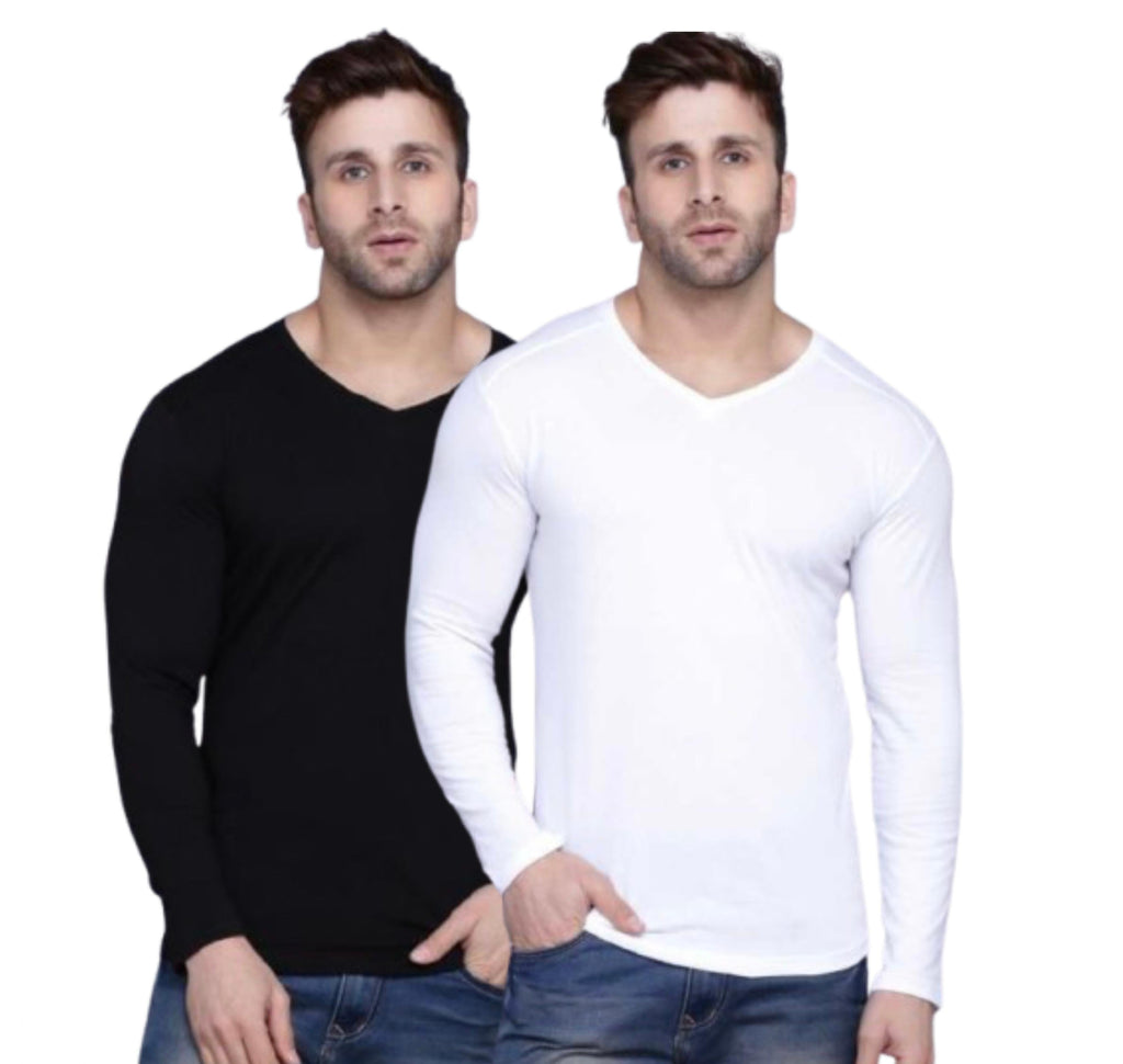 Men's Full Sleeve Cotton T-Shirt — Pack of 2, White & Black