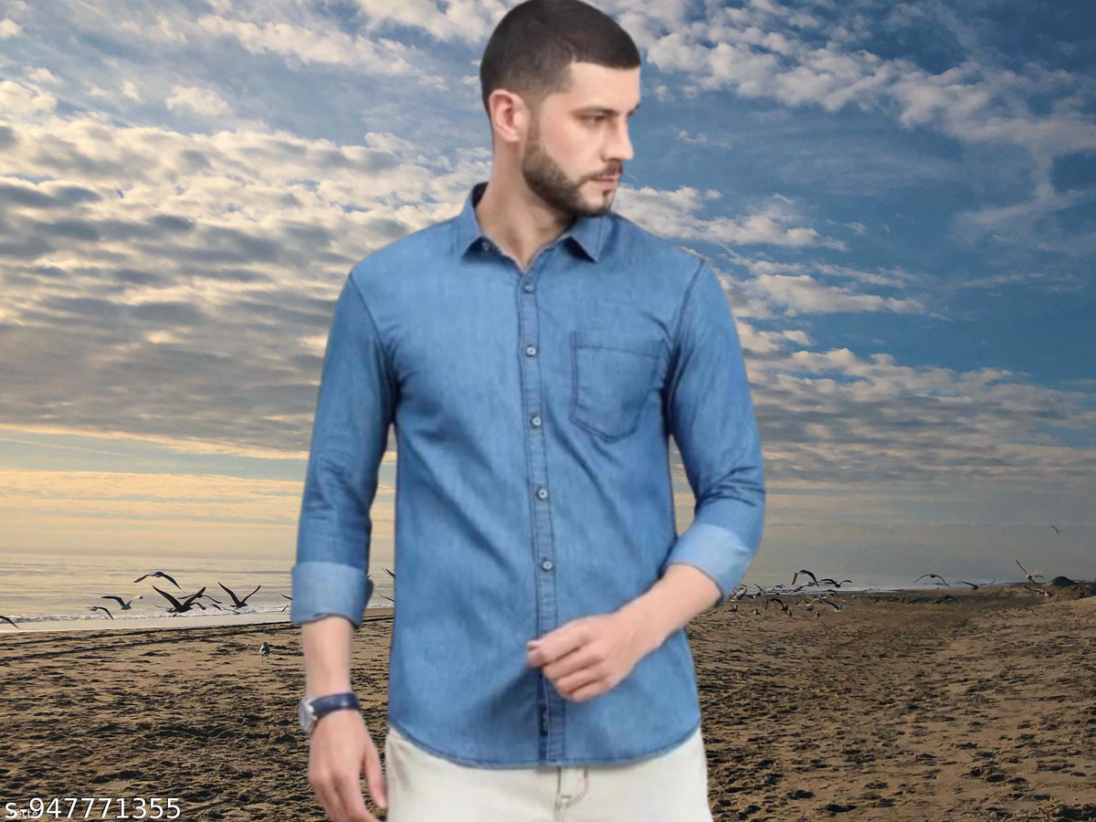 Men's Premium Denim Shirt — Light Blue, Full Sleeve
