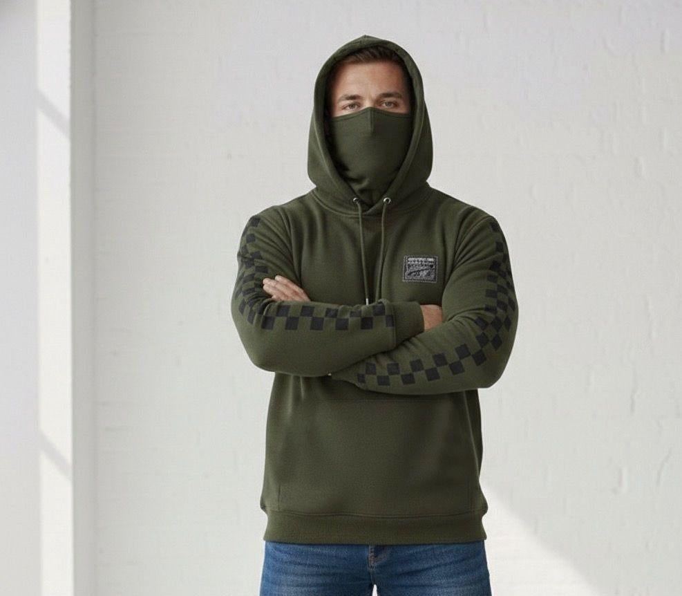 Men's Checkered Print Mask Hoodie — Grey